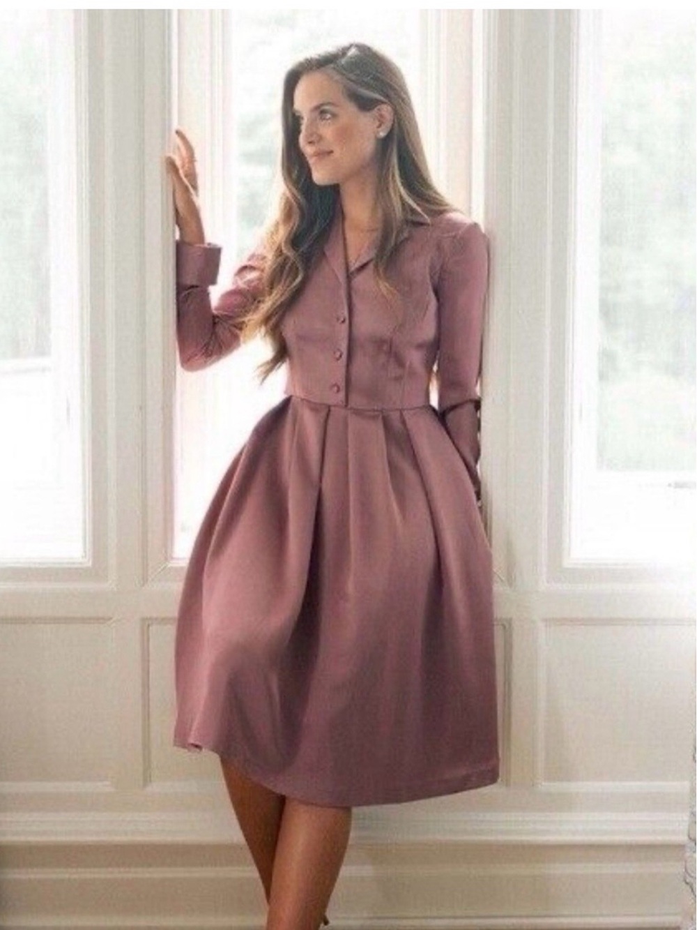 Gal Meets Glam Rose Mauve Button-Front Midi Dress